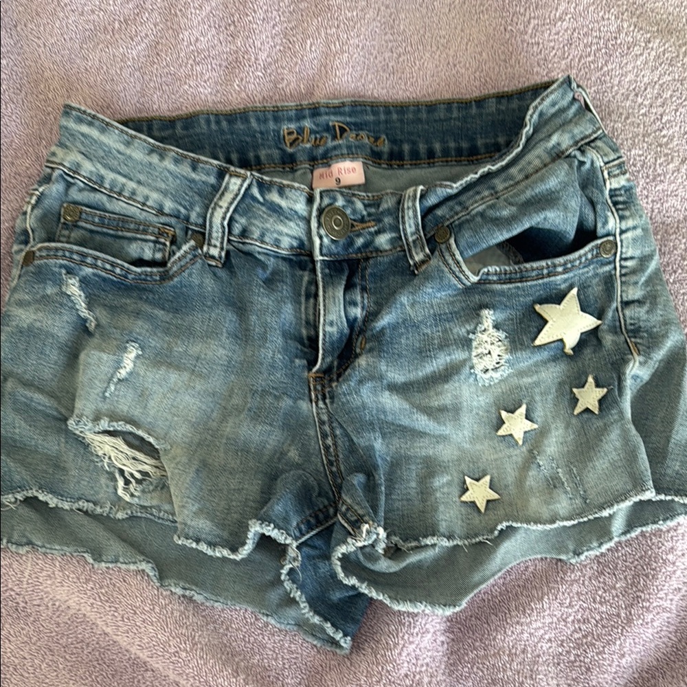 Blue Denim Distressed Shorts with Star Accents